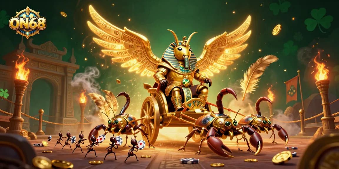 Engage with ON68's thrilling gaming experience featuring a colossal scarab beetle and dynamic betting elements.