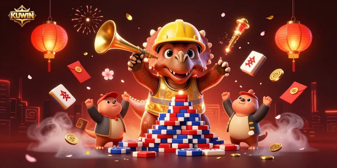 Experience the excitement of KUWIN's dynamic gambling scene with 3D characters celebrating victory.