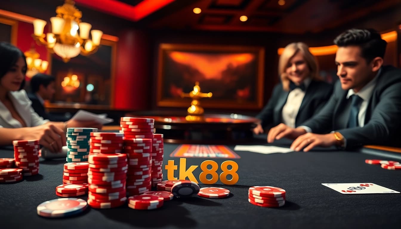 Experience high-stakes excitement at tk88 with a thrilling casino table scene featuring poker chips and cards.
