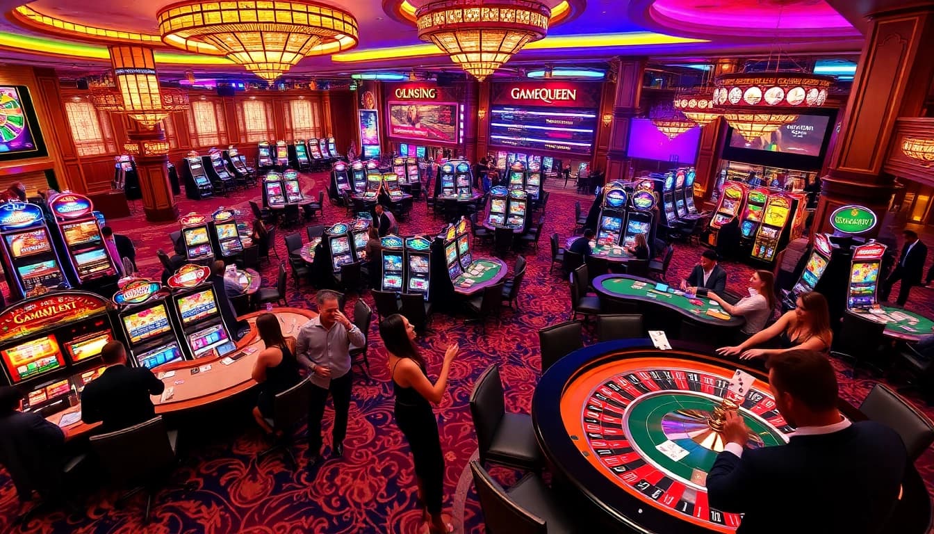 Experience the thrill of GameQueen with engaging players at a luxurious casino setup.