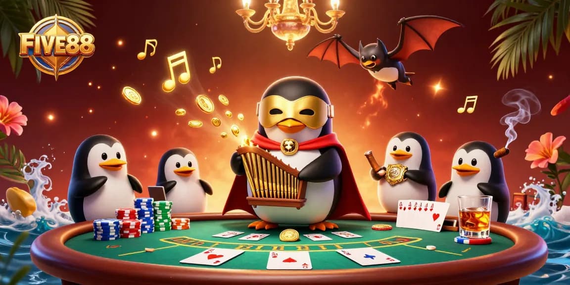 Experience captivating PLAY at FIVE88 with a vibrant 3D casino illustration showcasing excitement and rich details.