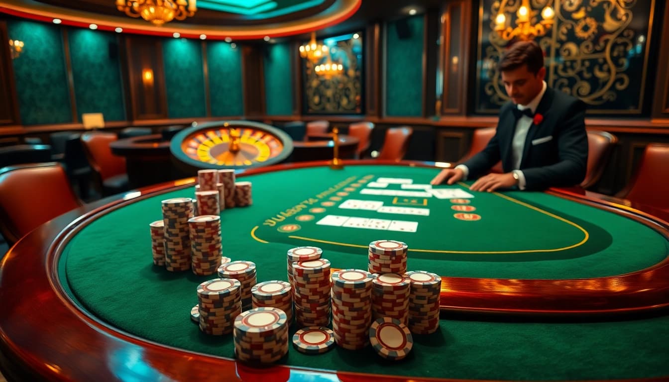 Experience the excitement of juragan77 at an elegant casino poker table with vibrant chips and professional dealers.