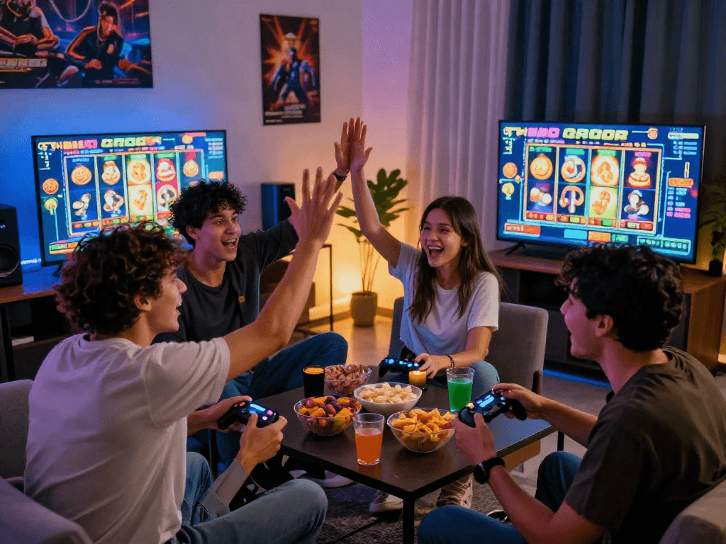 Friends enjoying a slot gacor gaming session in a vibrant living room, cheering excitedly.