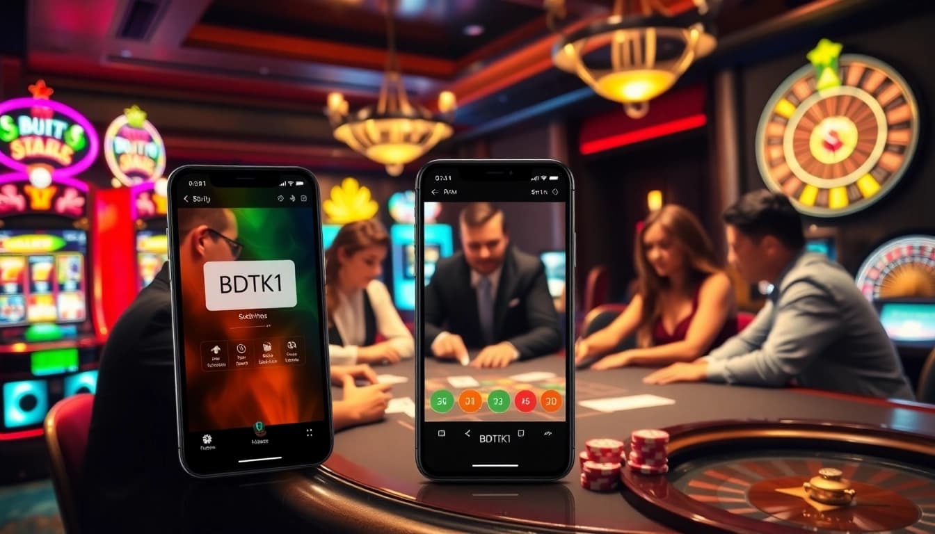Players engaged in a thrilling BDTK1 poker game at a vibrant casino, surrounded by slot machines.