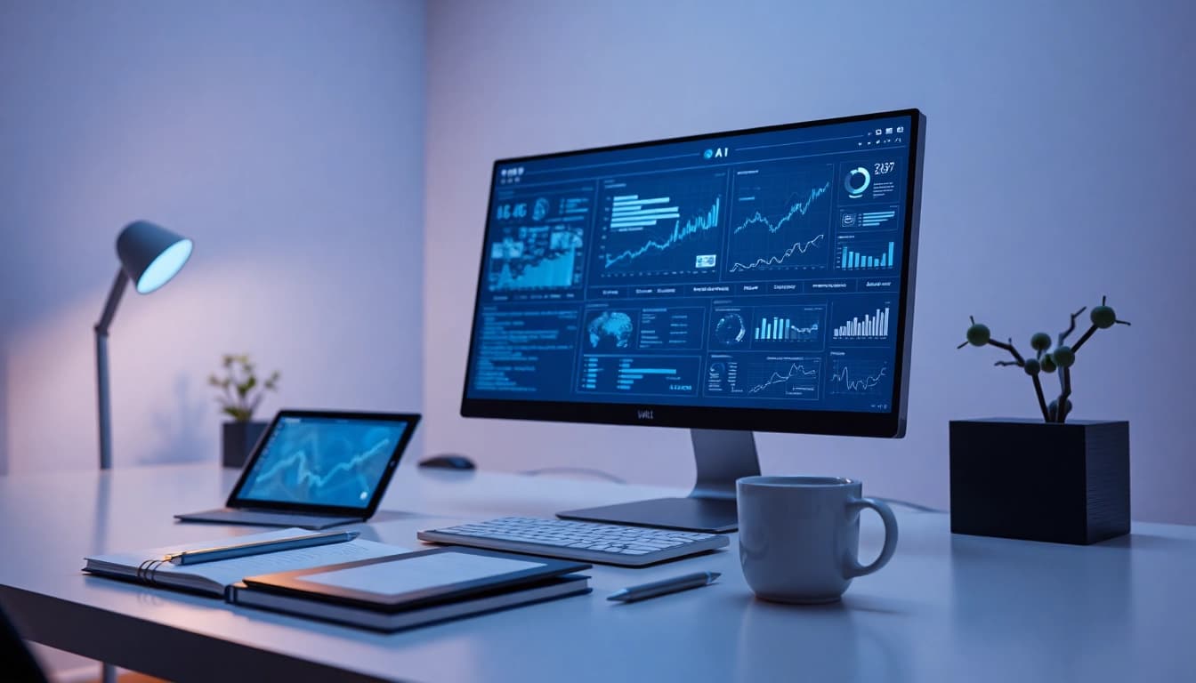 AI +18 technology workspace featuring advanced data analytics and a modern computer setup.