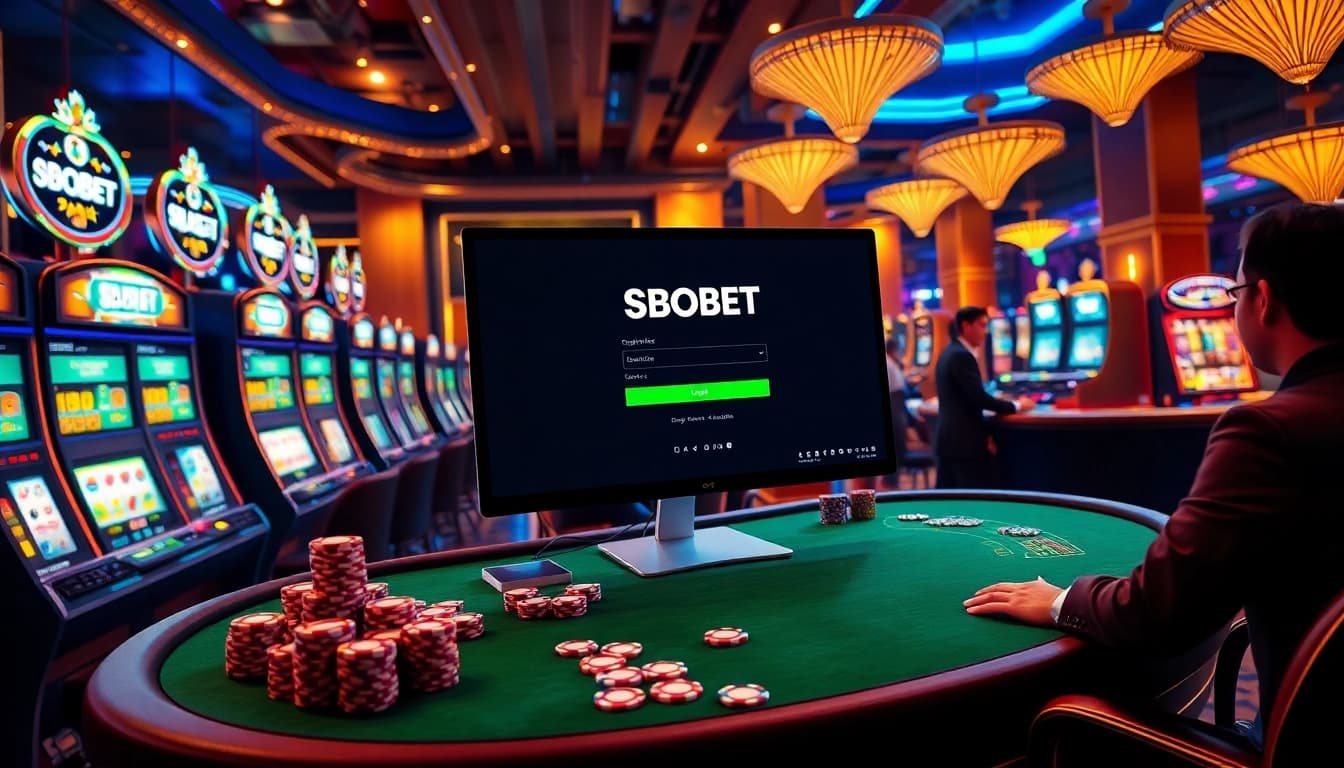 Sbobet link login interface surrounded by vibrant casino elements, showcasing modern online gambling.