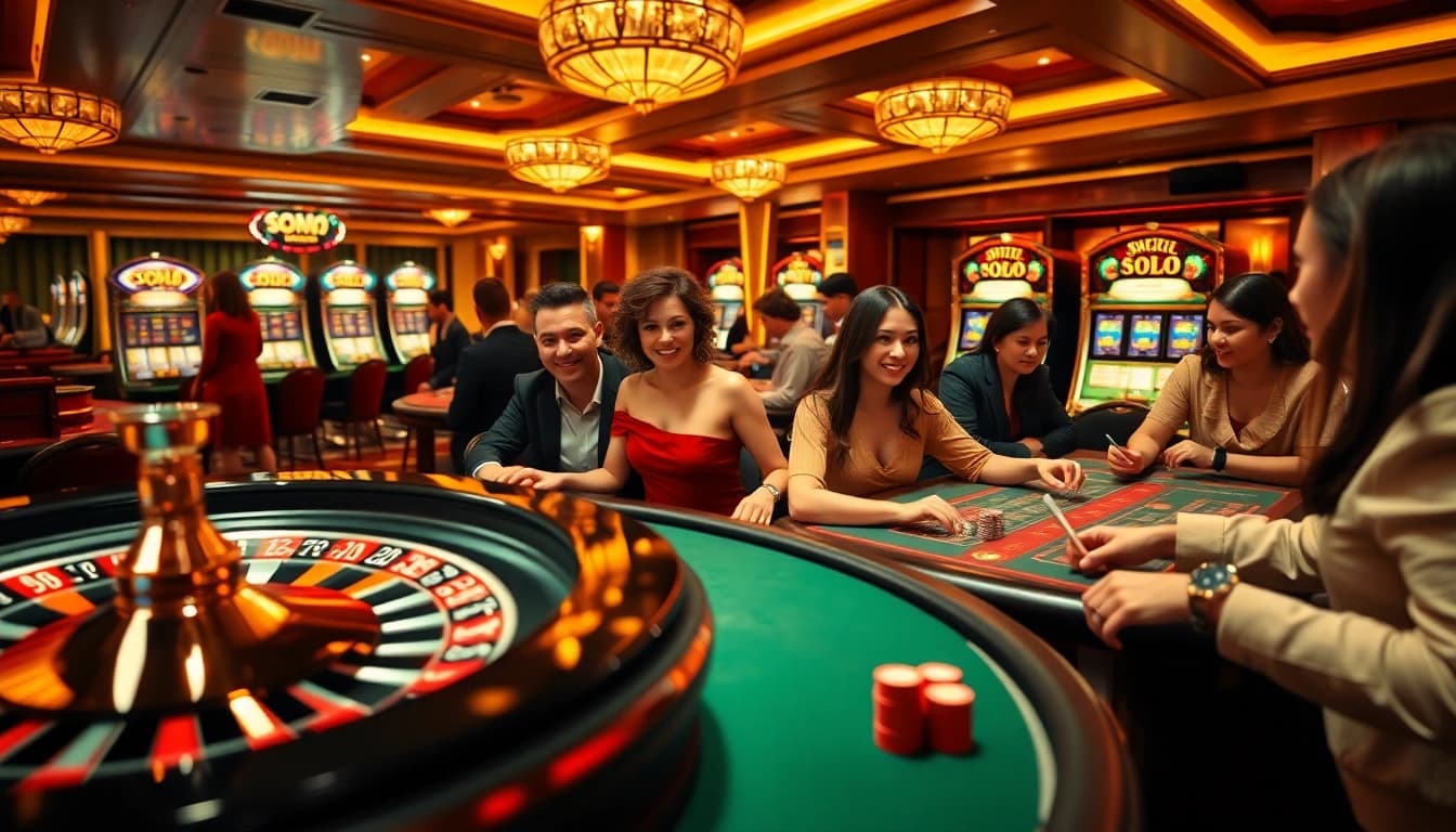 Engaging casino gameplay at SODO66 with vibrant tables and a roulette wheel.