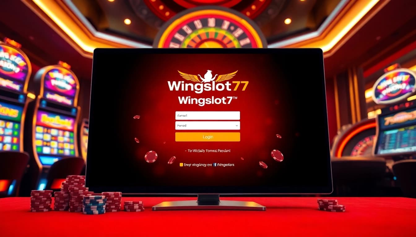 Experience the thrill of online gaming with the Wingslots77 Login interface surrounded by vibrant casino elements.