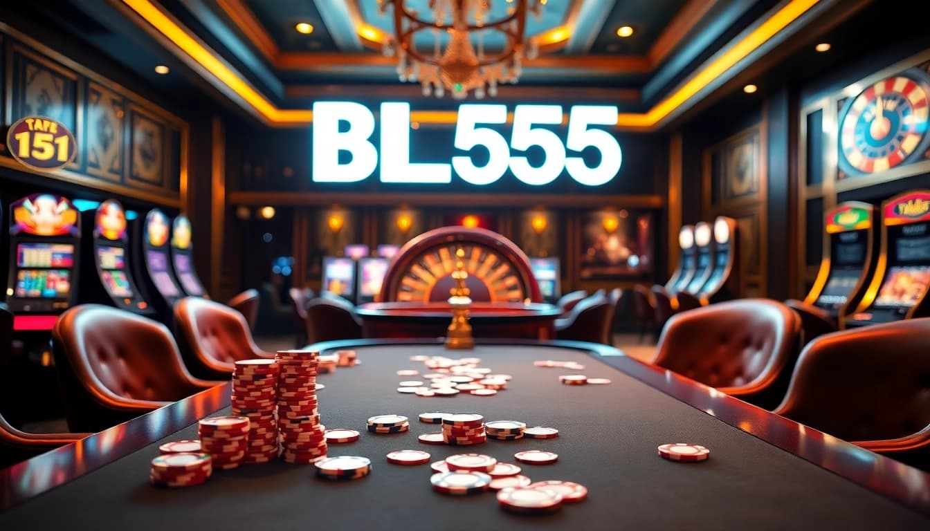 Experience the thrill of gambling with BL555 in a luxurious casino setting featuring poker chips and a roulette wheel.