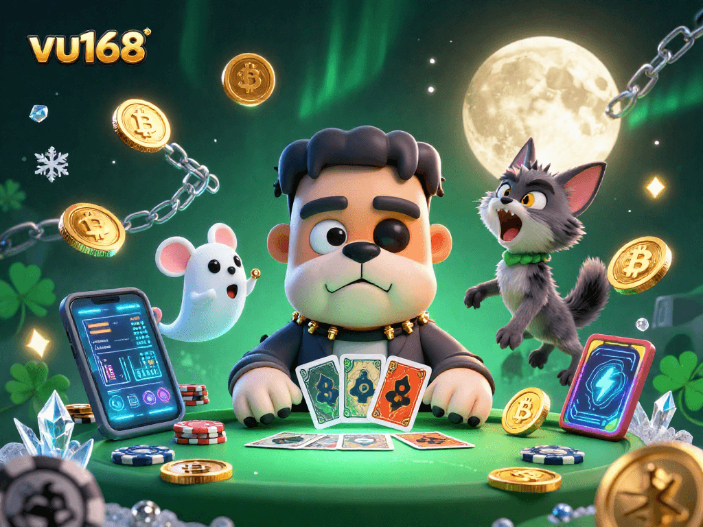 Experience thrilling crypto bets with vu168's unique gaming scene featuring vibrant characters and elements.