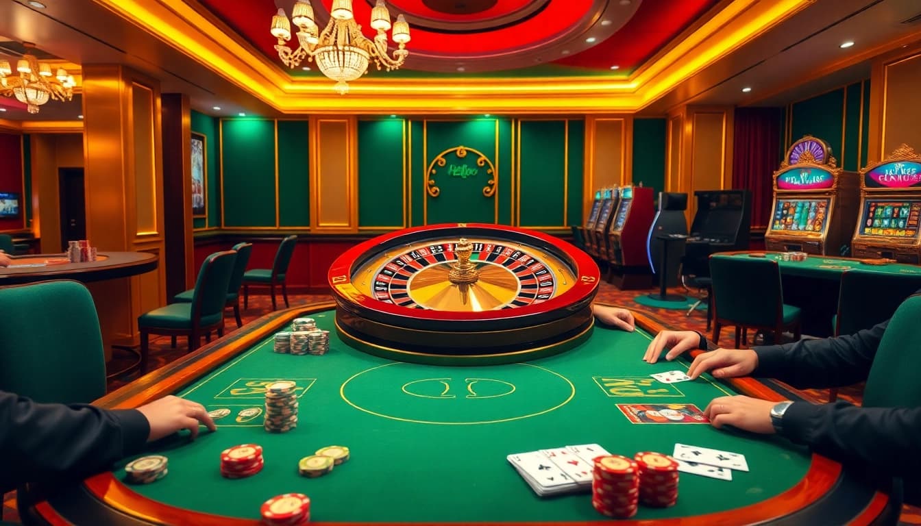 Hello88 casino scene featuring a vibrant roulette wheel and engaged players at a poker table.