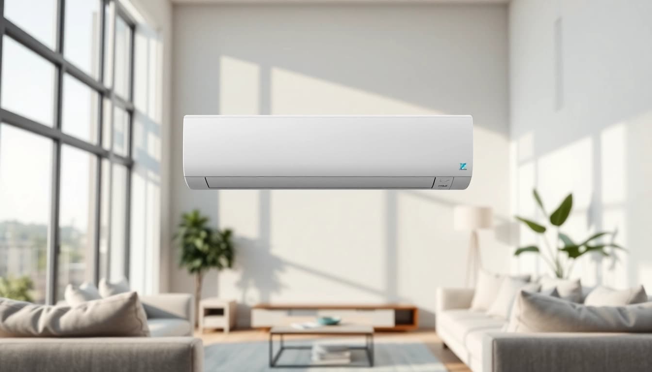 Showcasing a Daikin mini split AC unit in a modern, well-designed living room.