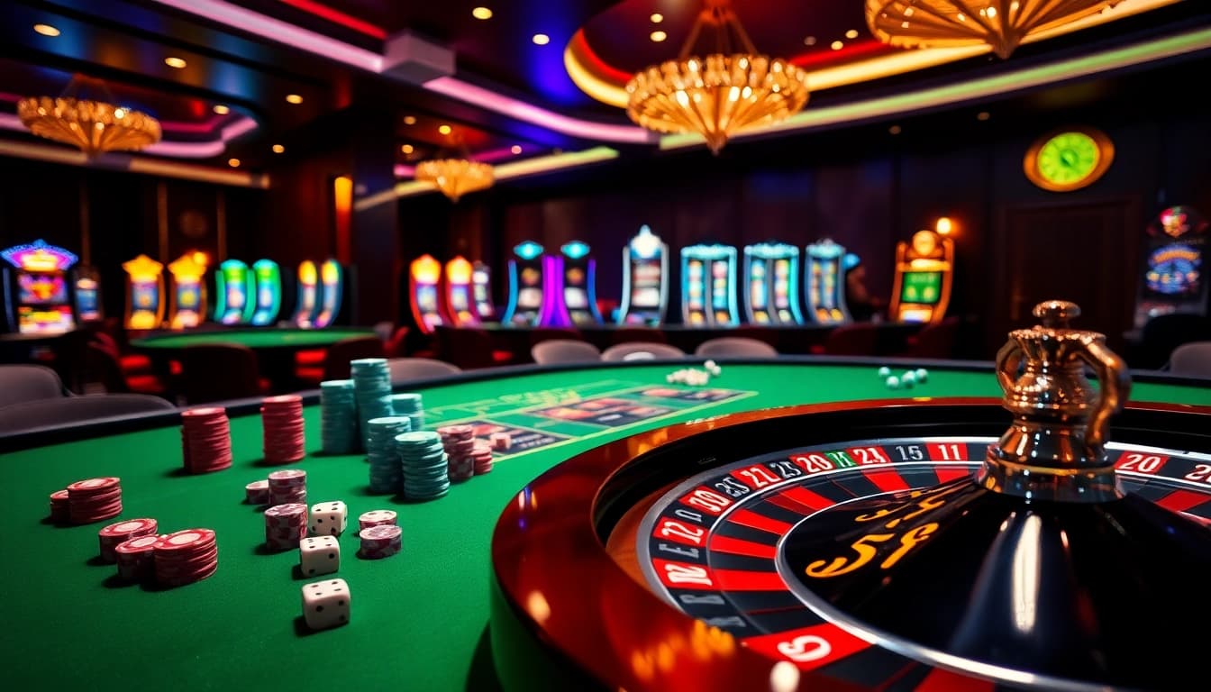 S8 casino with vibrant tables and animated slot machines, engaging players in thrilling games.