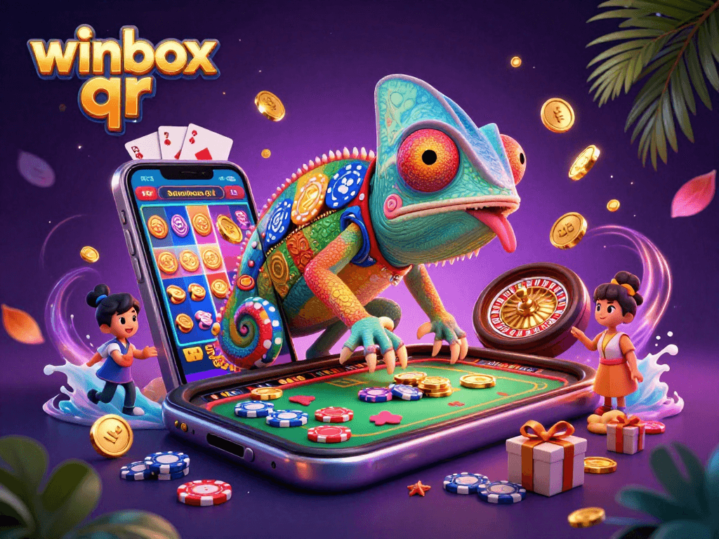 Experience winbox qr's exciting world of gambling with vibrant chameleon avatar and dynamic game elements.