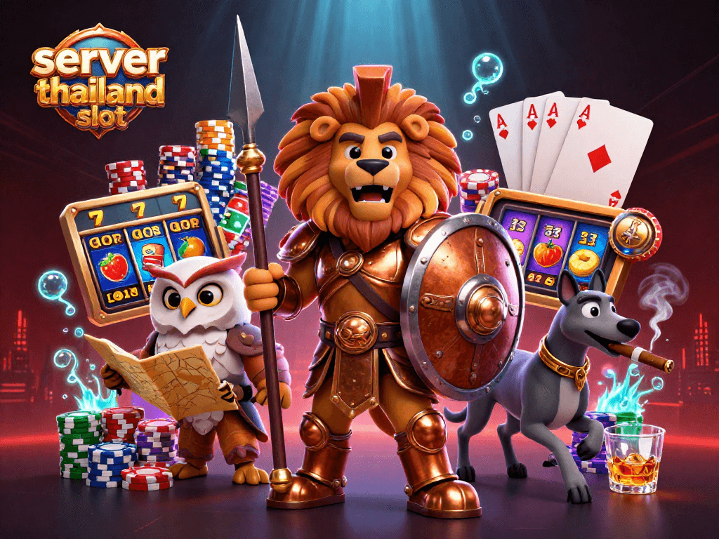 Engage with server thailand slot as the Spartan lion leads a thrilling jackpot adventure amidst vibrant slot reels and poker chips.