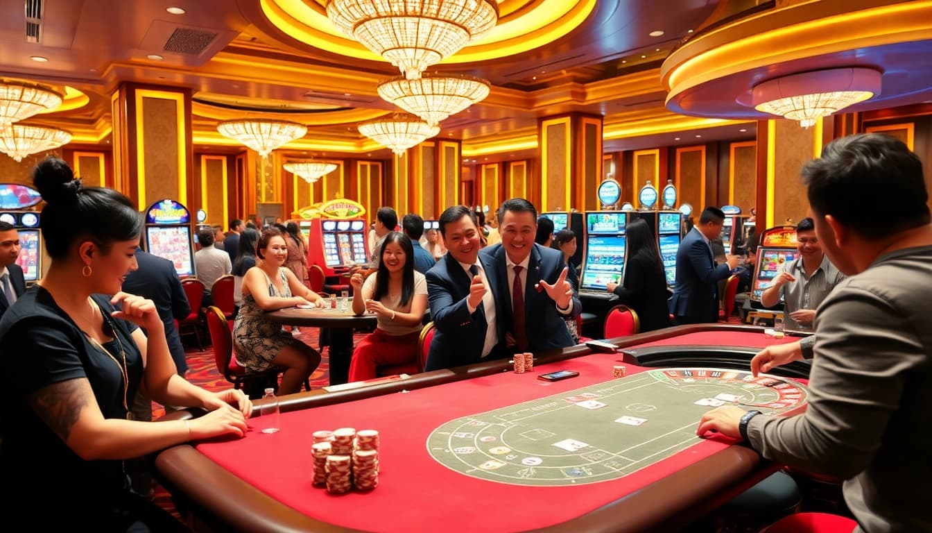 Experience SHBET excitement with vibrant casino tables and players enjoying strategic games.