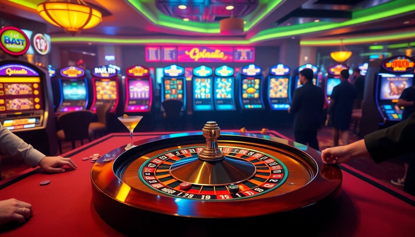 Experience the thrill of winning at i9bet with vibrant casino visuals of roulette and slot machines.