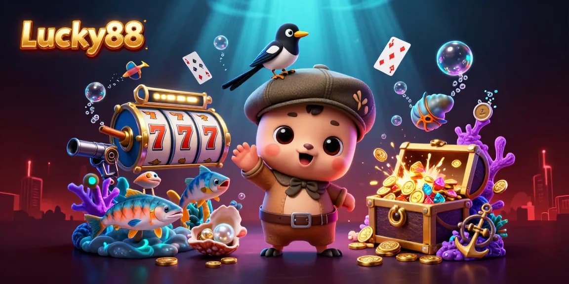 Engage with Lucky88 in this vibrant 3D illustration featuring slot reels and lucky symbols.