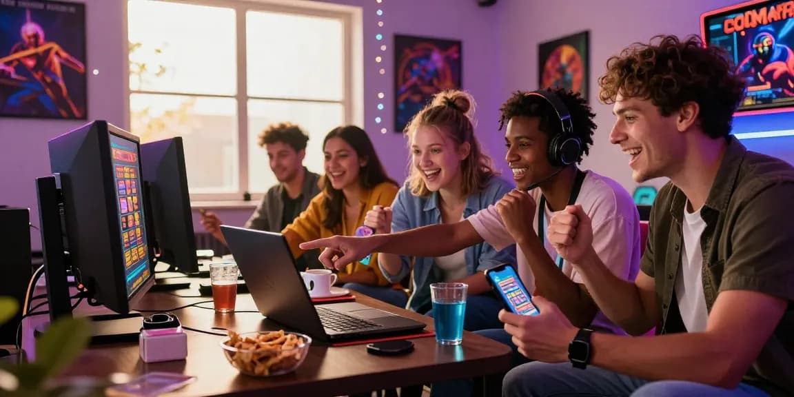 Group of friends enjoying cocomaya bonus buy slots at home, celebrating winnings with snacks and drinks.