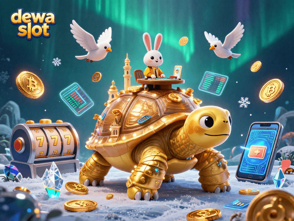 Experience the thrill of dewa slot with a vibrant scene featuring a golden tortoise casino, rabbit dealer, and flying coins.