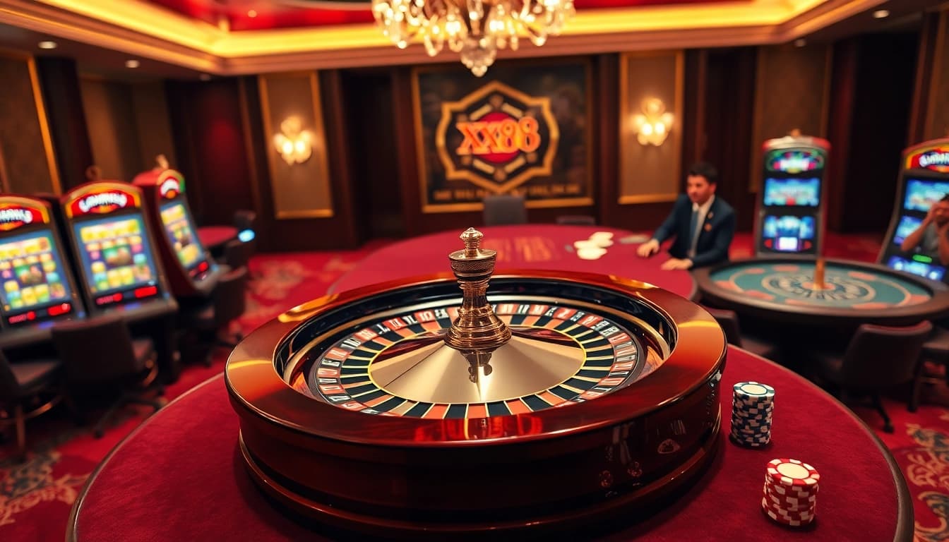 Exciting game scene featuring players at XX88 casino tables and roulette wheels.