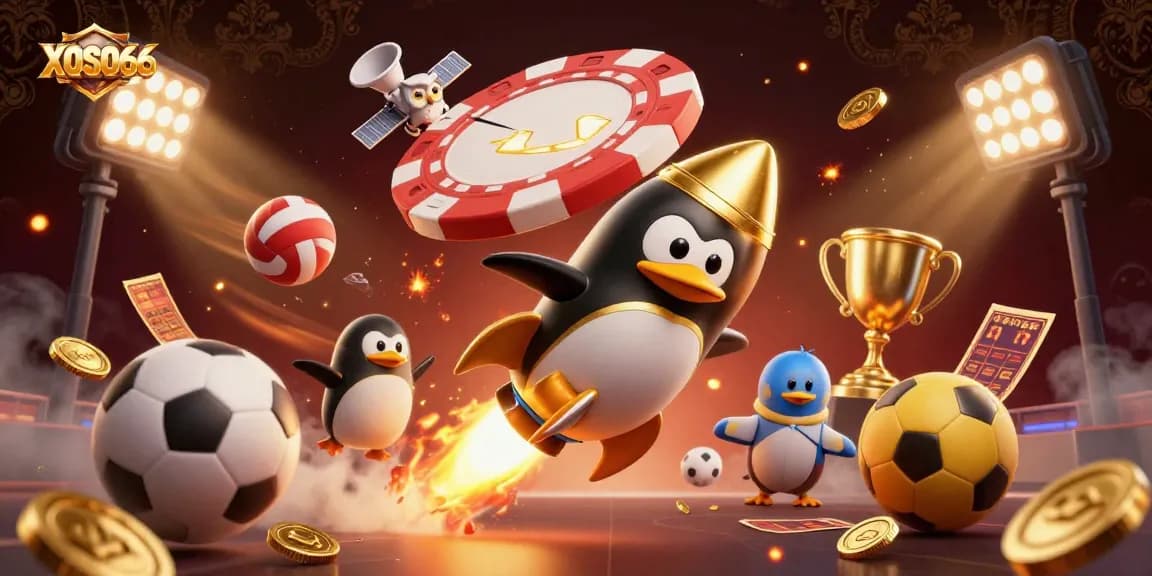 XOSO66 features a dynamic, golden penguin blasting through a casino-themed space, showcasing sports betting action.