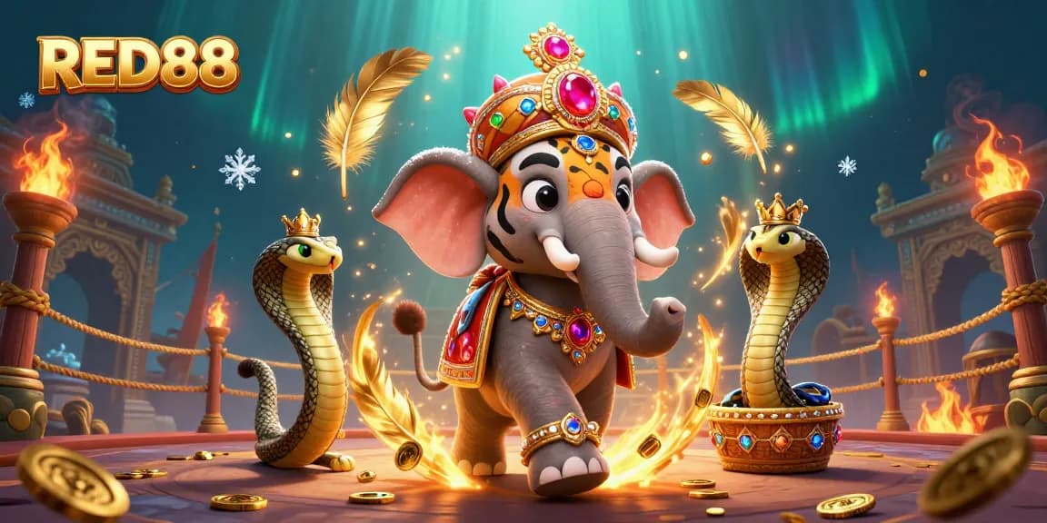 Experience the vibrant world of RED88 with a majestic maharaja tiger and jewel-encrusted elephant in this lively casino scene.