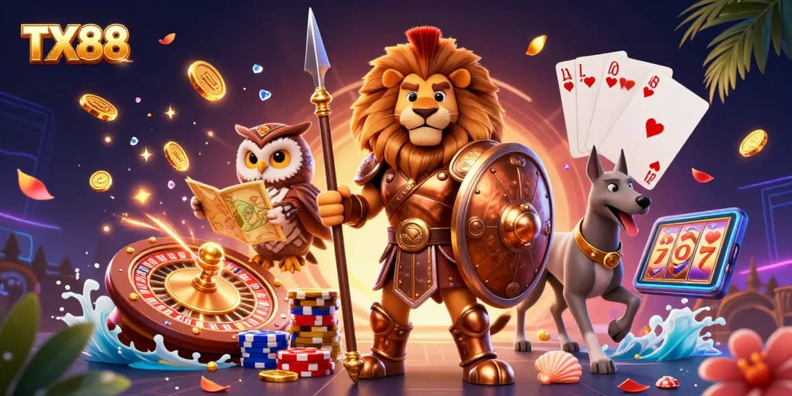 TX88 showcases a vibrant 3D scene with a Spartan lion, strategic owl, and swift greyhound amid casino elements.