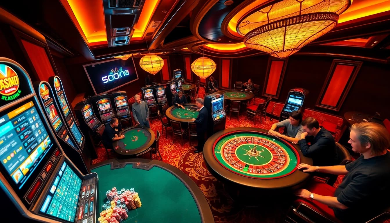 Excited players at SODO CASINO enjoying poker games and strategic bets in a luxurious setting.