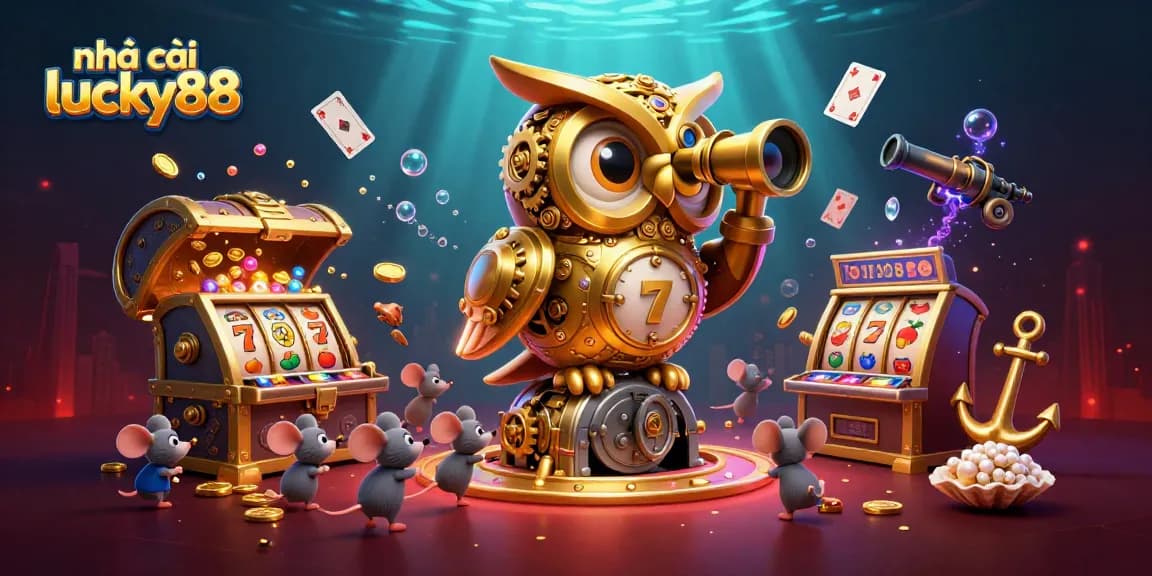 Engage with nhà cái lucky88 in an energetic 3D casino scene filled with vibrant game elements.