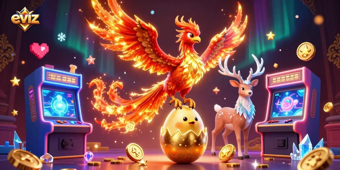 Experience eviz with an enthralling scene of a fire phoenix and unique gaming elements, symbolizing vibrant online casino excitement.