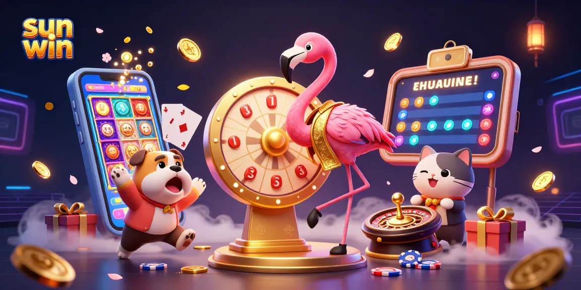 Engage with sun win's thrilling gameplay featuring a flamingo host and cheerful bulldog.