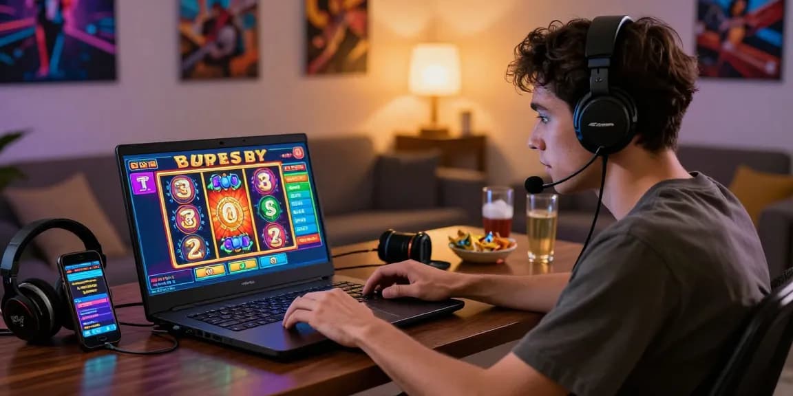 Player engaging with bonus buy slots on a laptop, showcasing vibrant graphics in a cozy gaming setup.