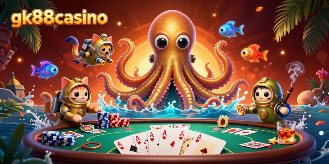 Win big with gk88casino's thrilling games featuring an adventurous kraken and diving cat!