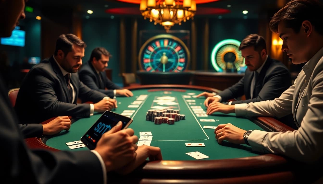 Players engage with BDTK1 betting software at a luxurious casino blackjack table