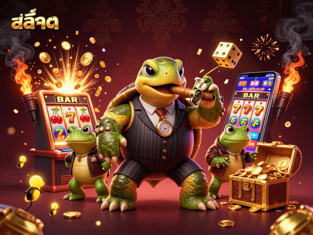 Engage with สล็อต action as a turtle in mobster style, flanked by bullfrog enforcers amid a jackpot scene.