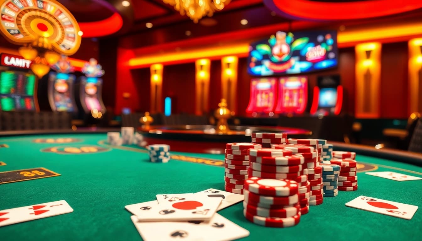 Exciting poker game at j88 com with vibrant chips and a charismatic dealer in a luxurious setting.