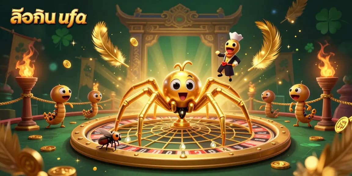 Engage with ล็อคอิน ufa as a golden spider weaves a roulette wheel web, showcasing thrilling gambling excitement.