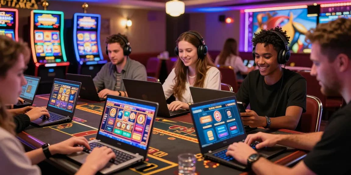 The best non UK casinos scene with diverse players enjoying engaging gaming experiences, digital graphics, and vibrant casino ambiance.