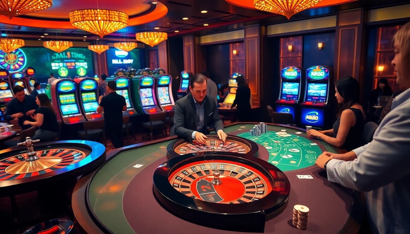 NK88 casino players enjoying a vibrant gaming atmosphere with roulette wheels and poker tables.