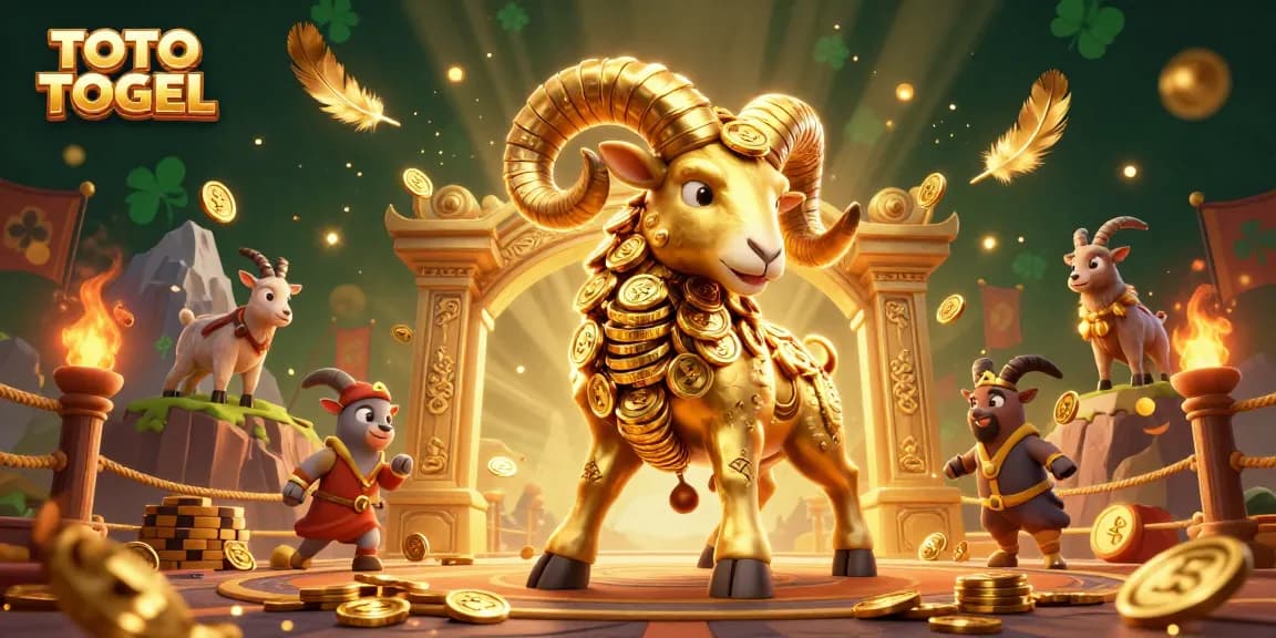 Menangkan permainan dengan TOTO TOGEL, ilustrasi 3D gemilang ram emas yang berlari ke gerbang keberuntungan.