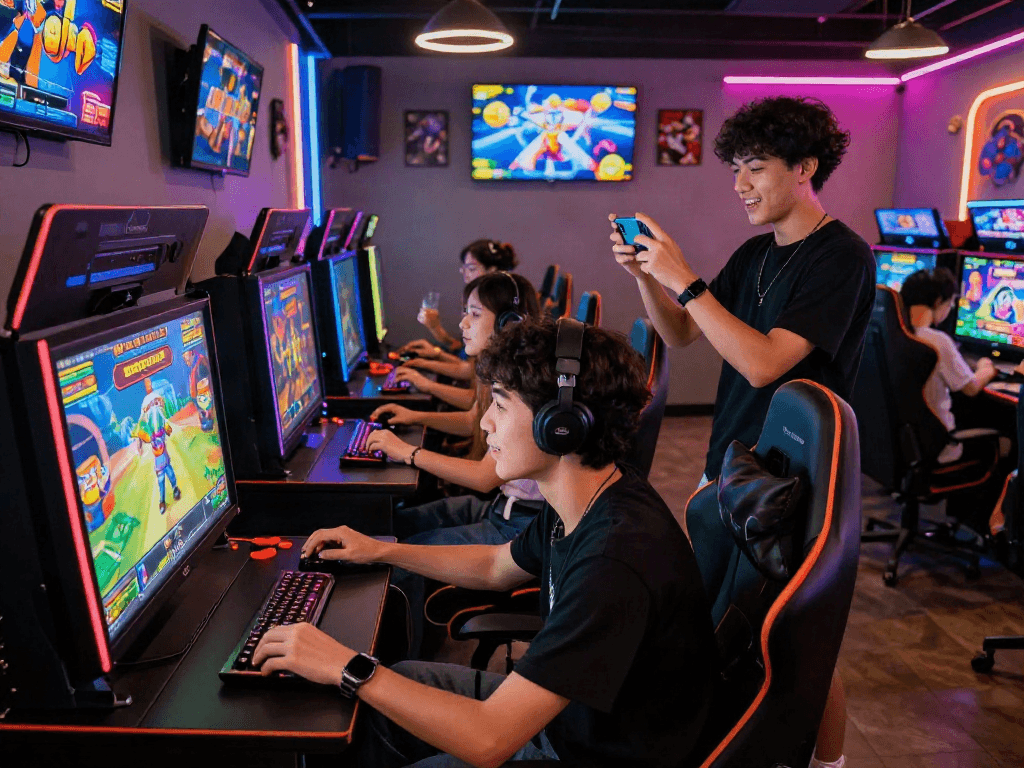 Friends enjoying slot gacor games in a vibrant gaming lounge environment.