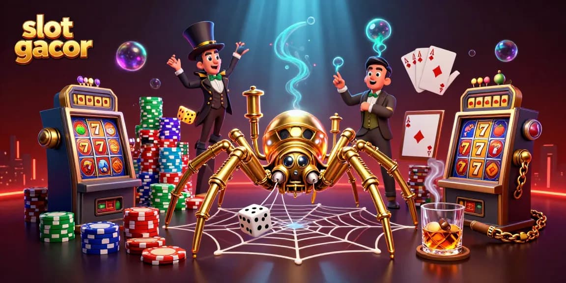 Experience thrilling gameplay with slot gacor as the 3D golden spider captures dice in a rich casino scene.