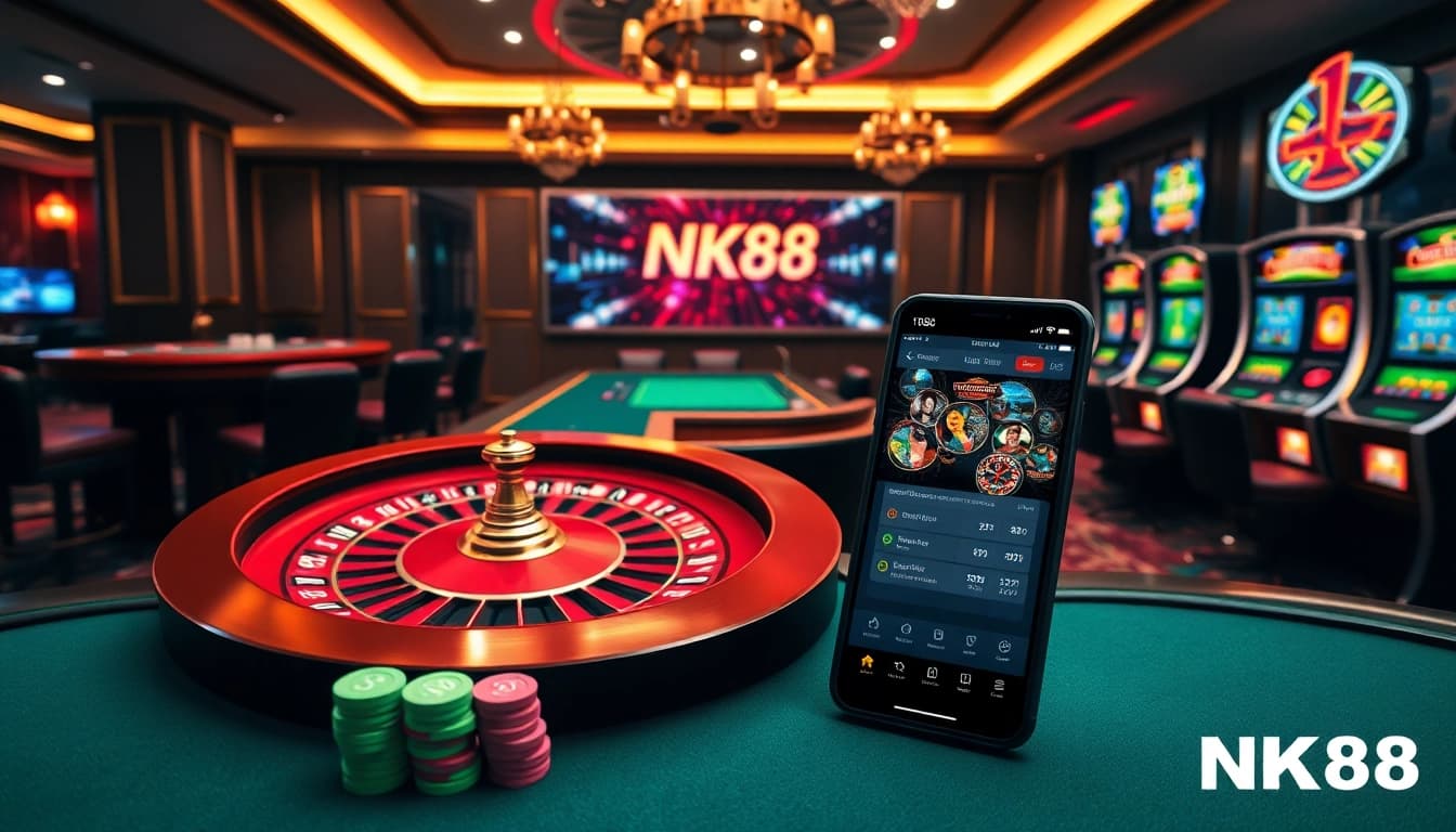 Engage with NK88's exciting gambling atmosphere featuring poker tables, roulette wheels, and modern user interfaces.