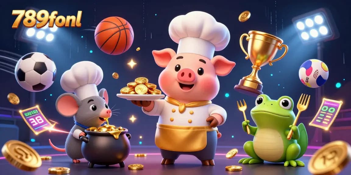 Experience big wins at 789fonl with an exciting scene featuring a chef pig and dynamic sports elements, showcasing thrilling gambling action.