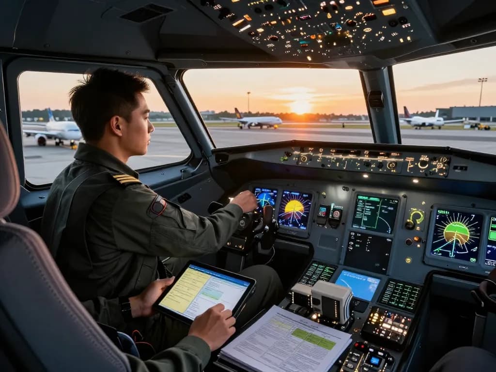 Pilot in Fly88 flight gear preparing in cockpit, sunset view outside.