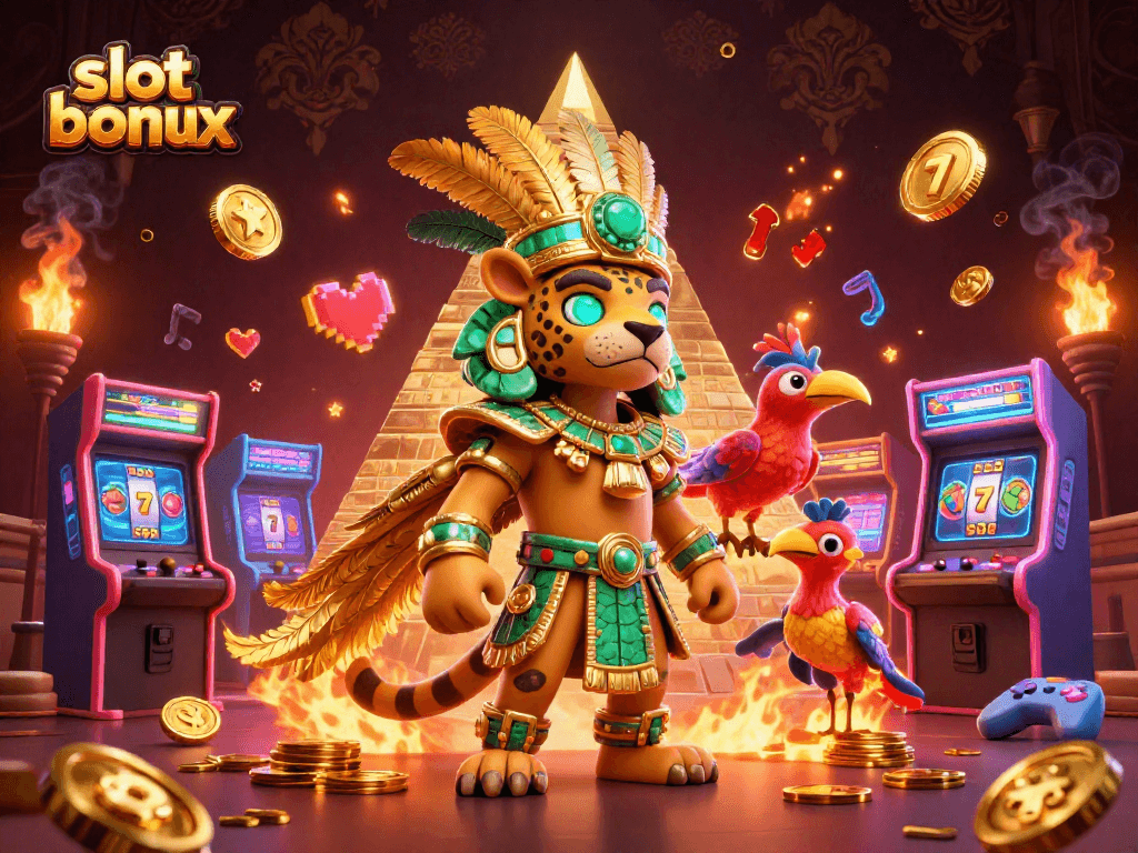 Experience the thrill of slot bonus in this vibrant 3D casino illustration with Mayan jaguar and game elements.