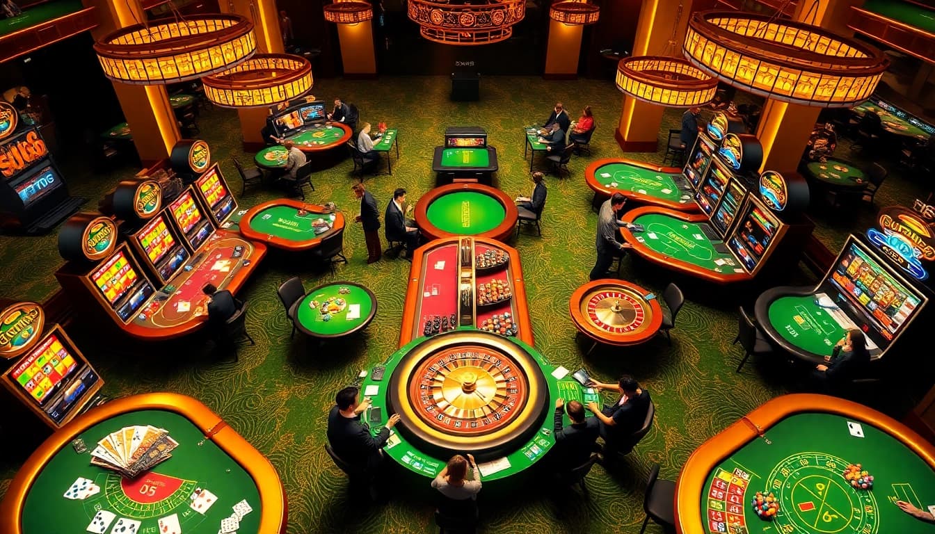 SX88 casino experience showcasing vibrant tables, players, and exciting gambling action.