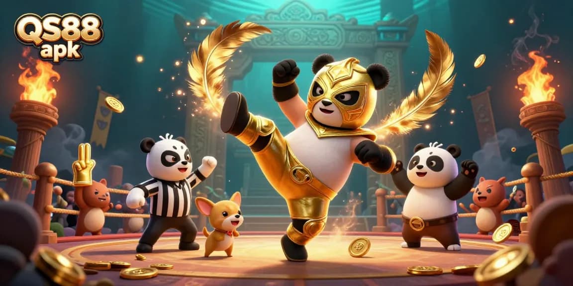 Experience thrilling action with QS88 apk as panda wrestler battles in an exciting casino setting.