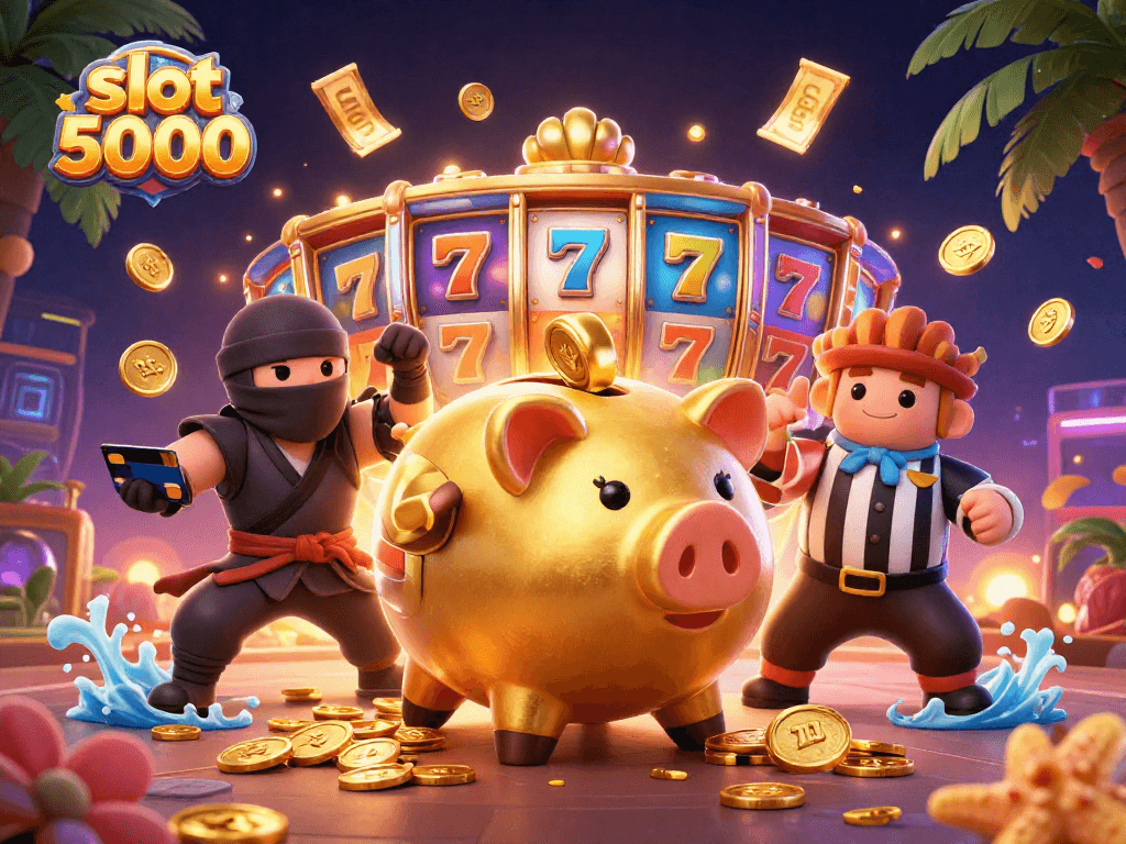 Engage with slot 5000 gaming as a golden piggy bank sumo wrestler and a ninja face off amidst vibrant casino elements.